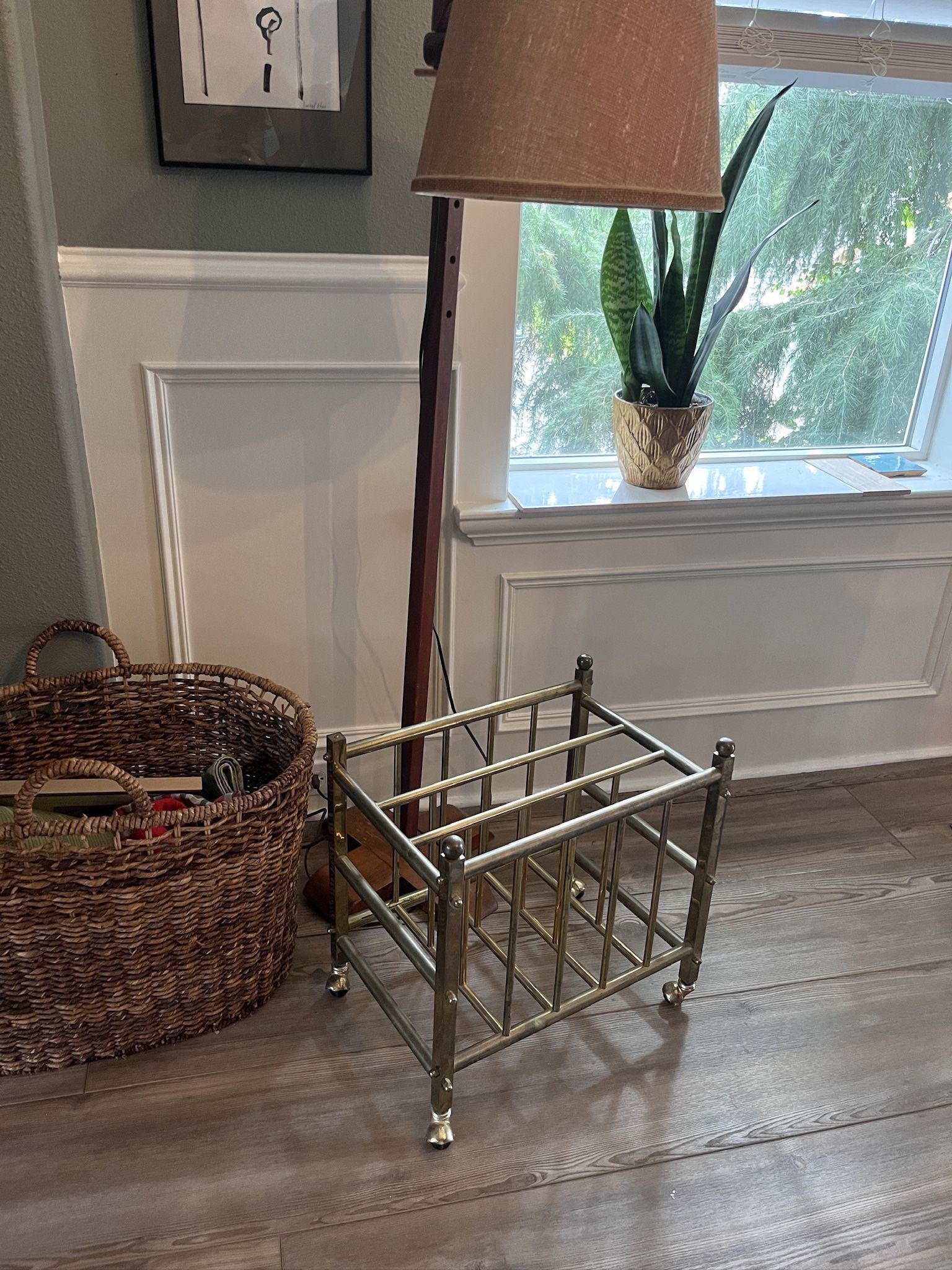 vintage brass book/magazine holder on wheels