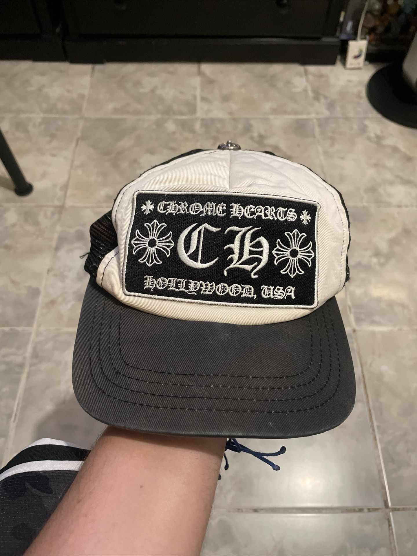 Vintage 90s Chrome Hearts White Hollywood "CH" Trucker Cap