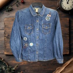 Teddi Vintage Blue Denim Jean Jacket w Wooden Beads & Patches Women Large