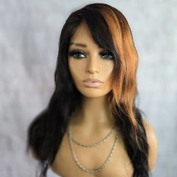 20" human hair wig  lace cut brand new  black  honey blonde stripe