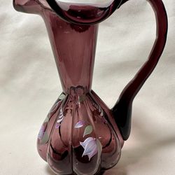 Fenton 7” Amethyst Melon Vase Hand Painted Floral Signed Bill Fenton