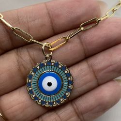 14K Gold Paper Clip And 10K Evil Eye Charm Necklace