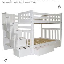 VERY USED Stairway Bunk Beds Full over Full with 4 Drawers in the Steps and 2 Under Bed Drawers, White