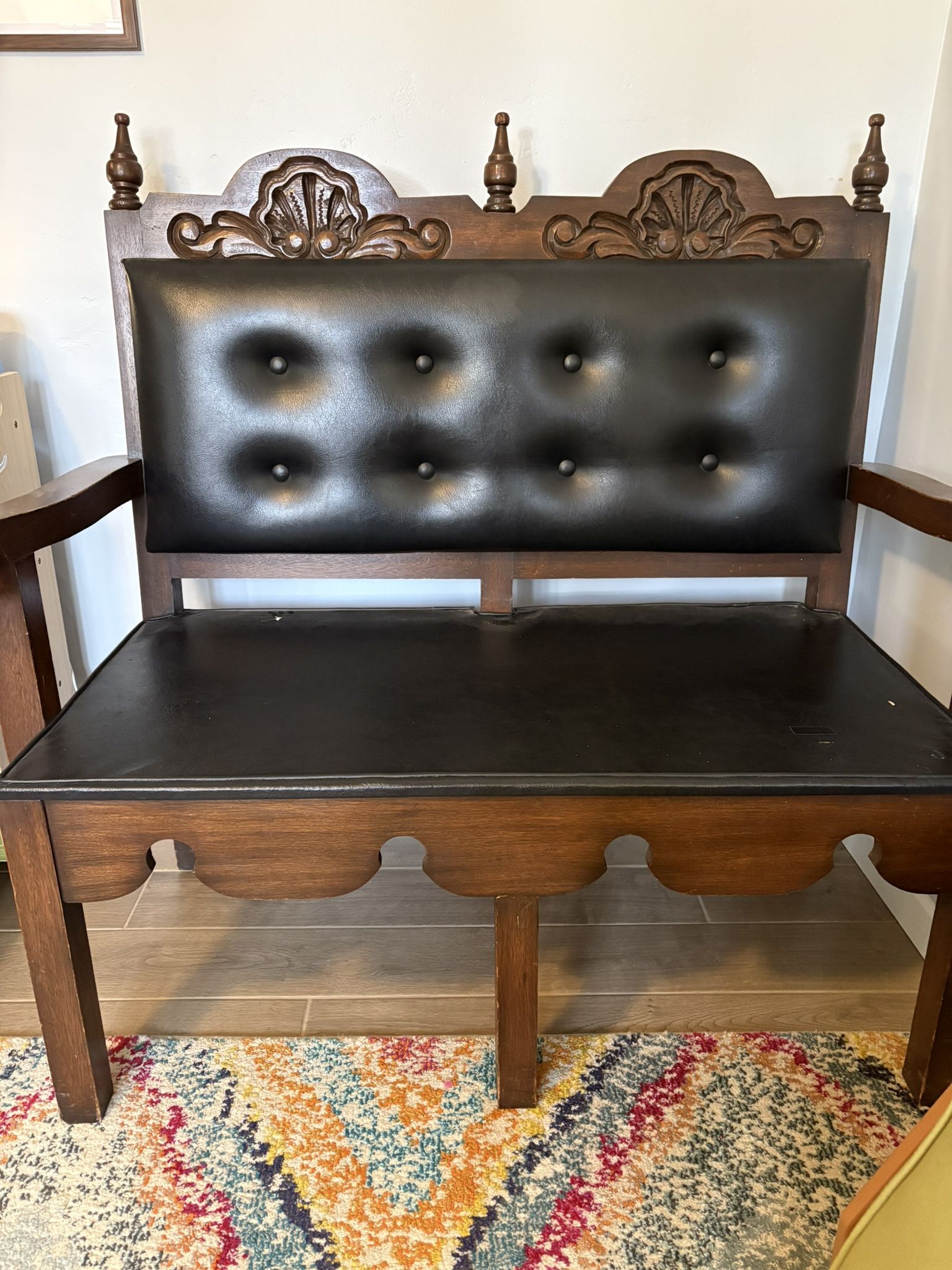 Antique Wooden Carved Bench With Removable Cushion