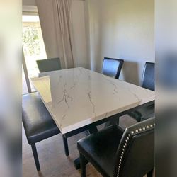 6PC Marble top dining table set with Black leather chairs
