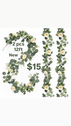 2 Pack 12FT Artificial Eucalyptus Flower Garland with 6 Champagne Roses, Fake Flower Vines Centerpieces for Tables, Spring Greenery Floral Garland for