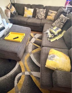Grey Fabric Sectional Sofa with Storage Ottoman