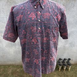 PreOwned Reyn Spooner Red/Blue Hawaiian Print 3/4 Button Men's Medium 