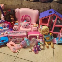 LOT OF GIRL TOYS BABY ALIVE FISHER PRICE READ AND LEARN CHAIR DOLLHOUSE DRESS UP TEA SET NAIL SALON