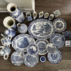 Vintage Blue & White Porcelain Lot - Vases, Teapots, Platters & Plates