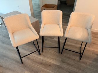 Set of 3 Modern Beige Upholstered Counter Stools – Black Metal Legs