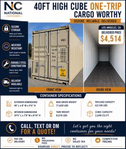 40' High Cube One-Trip Shipping Container – $4,514 Delivered