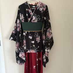 Flower Pattern Kimono and Red Hakama Set