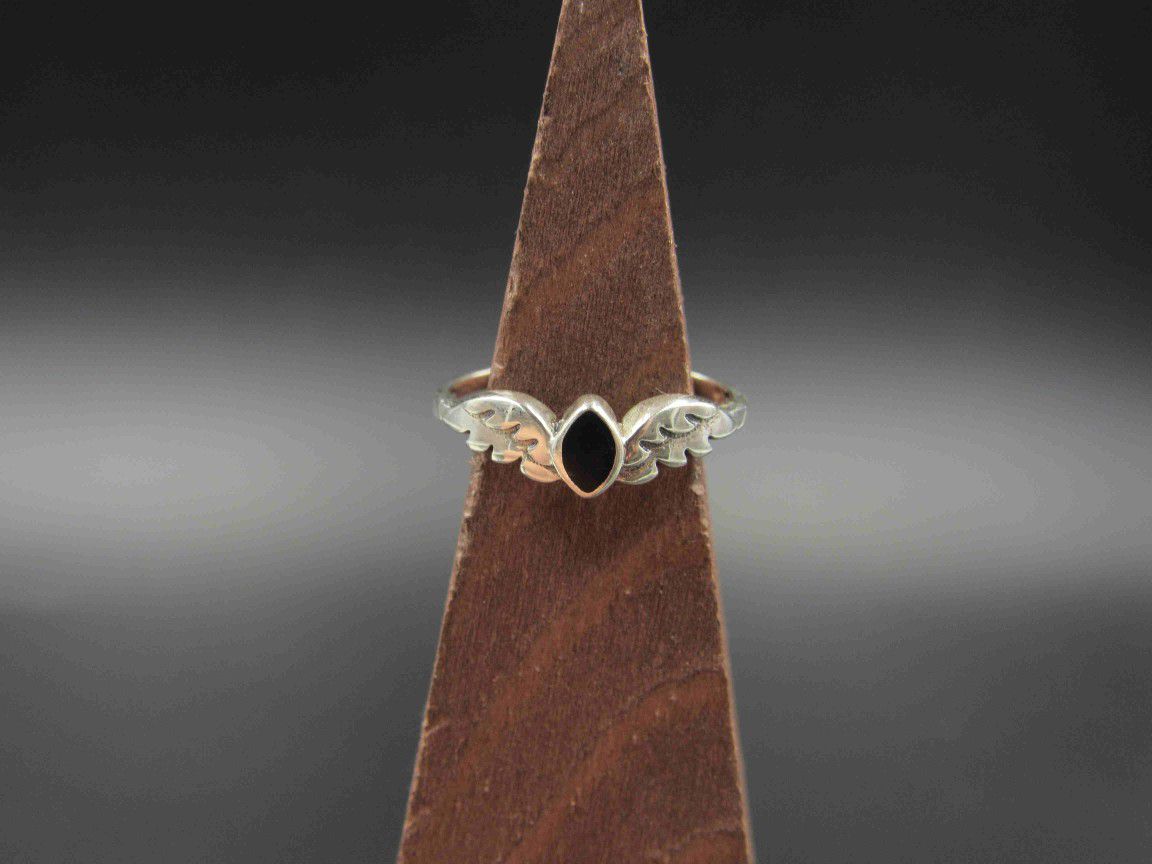 Size 6 Sterling Silver Black Inlay With Angel Wings Band Ring Vintage Statement Engagement Wedding Promise Anniversary Bridal Cool Special