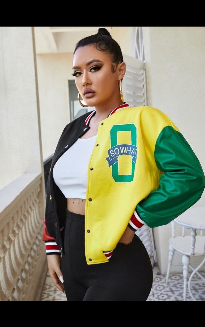 SHEIN SXY Letter Graphic Drop Shoulder Colorblock PU Leather Varsity Jacket XS