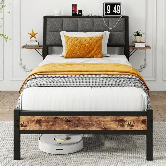 Twin Bed Frame with Storage Headboard,Upholstered Platform Bed Frame Twin with Charging Station and Bedside Shelf,Heavy Duty Metal Slats,Under Bed Sto
