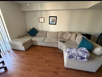 Large Beige Fabric Sectional Sofa with Chaise