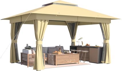 2191c $200 10'x13' Canopy Gazebo, Heavy Duty Party Tent with Double Roofs, Outdoor Canopy with Curtains and Nettings for Deck, Lawn and Backyard red