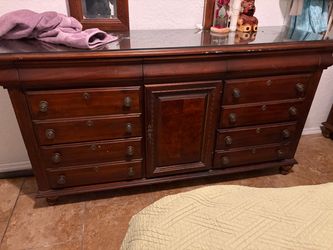 Wood Dresser with Mirror and Glass Top
