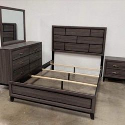 **4pcs Queen gray panel look wood grain queen bedroom set)**Mattress &Tall chest not included **