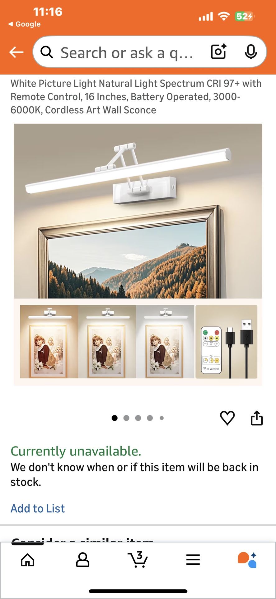 Cordless Picture Light Wall Sconce- White Or Silver 