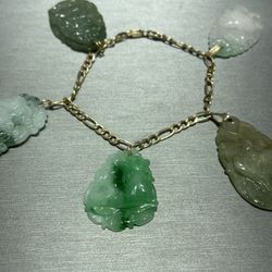 14k Yellow Gold Charm Bracelet with 5 Jade Charms