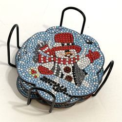 6pc Holiday Snowman Coaster Set Handcrafted Wood & Rhinestone NEW