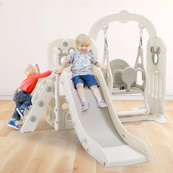 6 in 1 Toddlers Slide and Swing Set, Kids Slides w/Climber, Storage, Basketball Hoop, Ball, Suction Cup Reinforced, Indoor Outdoor Playgroun