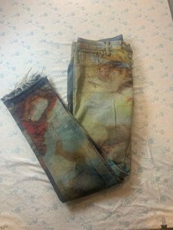 mnml Allover Artwork Print Jeans — NWT — Size 34 — Light Wash, Raw Hem