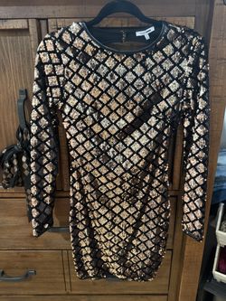 Rose Gold And Black, Long Sleeve Sequence Dress With An Open Back