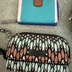 Like New Very Bradley Sierra Stream Retired Pattern Wallet Wristlet Crossbody Purse Brown Blue Removable Strap