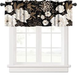Black Gold Floral Valance Curtains Abstract Vintage Rustic Flower Botanical Aesthetic Art Print Rod Pocket Curtain Valance for Kitchen Bedroom Living 