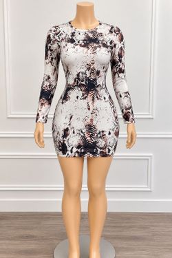 Snakeskin Print Long Sleeve Bodycon Mini Dress