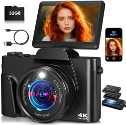 4K Digital Camera for Photography, 16X Zoom Autofocus 64MP WiFi Compact Travel Camera, Vlogging Camera for YouTube, 3'' 180° Flip Screen for Beginners