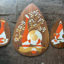 MCM Mid Century 3 Piece Walnut Wall Art Popcorn Gravel Illinois Moulding Co