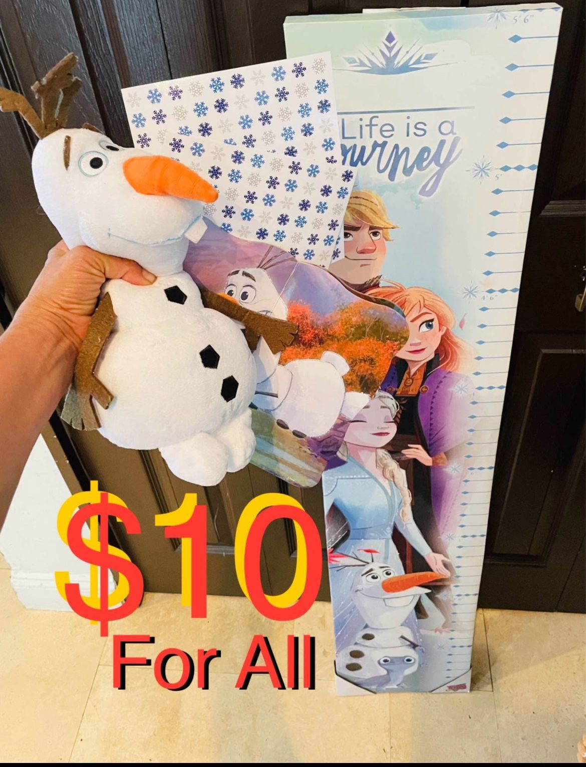 $10 For All Disney Canvas wall mounted Kids Measure,Disney Olaf plush,Book,stickers like new