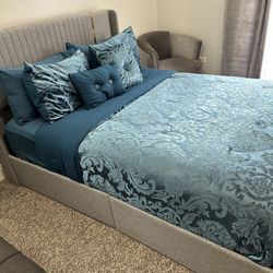 ✨ Queen-Sized Modern Glam Bed Frame with Storage – Heather Grey & Gold ✨