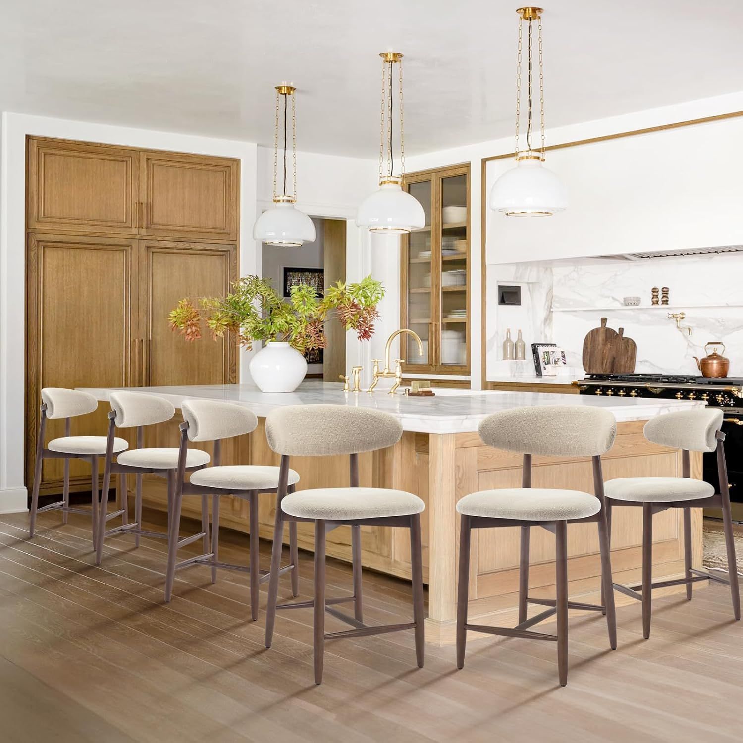 COLAMY Bar Stools Set of 6, Modern, Beige, Wooden, Upholstered, Counter Height, with Back
