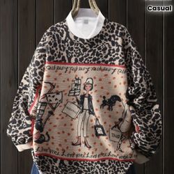 Women's Oversized Shopping-Themed Sweater with Leopard Print & Fashion Graphics - Soft Round Neck Long Sleeve Sweater, Relaxed Fit Fall Winter Sweater