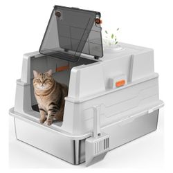 Extra Large Enclosed Stainless Steel Cat Litter Box with Lid - XXXL Giant Metal Enclosed High Sides Litter Boxes for Multi-Cat Households and Overweig