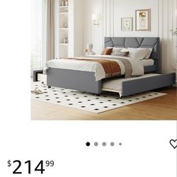 Gray Full Platform Bed with Twin Size Trundle and 2 Storage Drawers