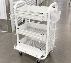 White 3-Tier Rolling Storage Cart with Hooks & Baskets