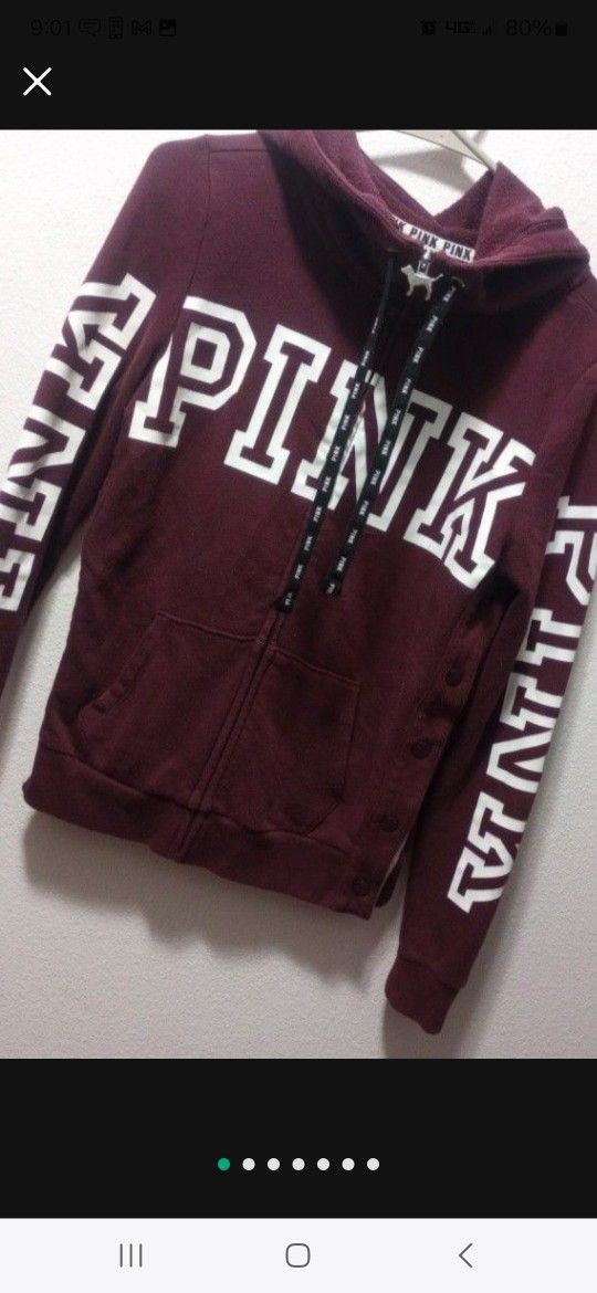 Victorias Secret Pink Full Zip Hoodie Women's SIze is XS Maroon And White In Color.