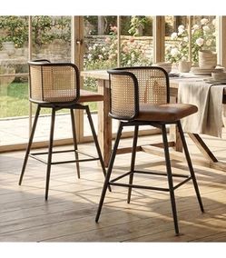 NEW TYBOATLE Swivel Rattan Bar Stools Set of 2, 26” Counter Height Stools with Natural Rattan Woven