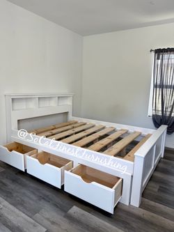 White queen bed frame with drawers