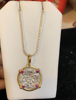 Atocha silver coin pendant in gold bezel with silver chain