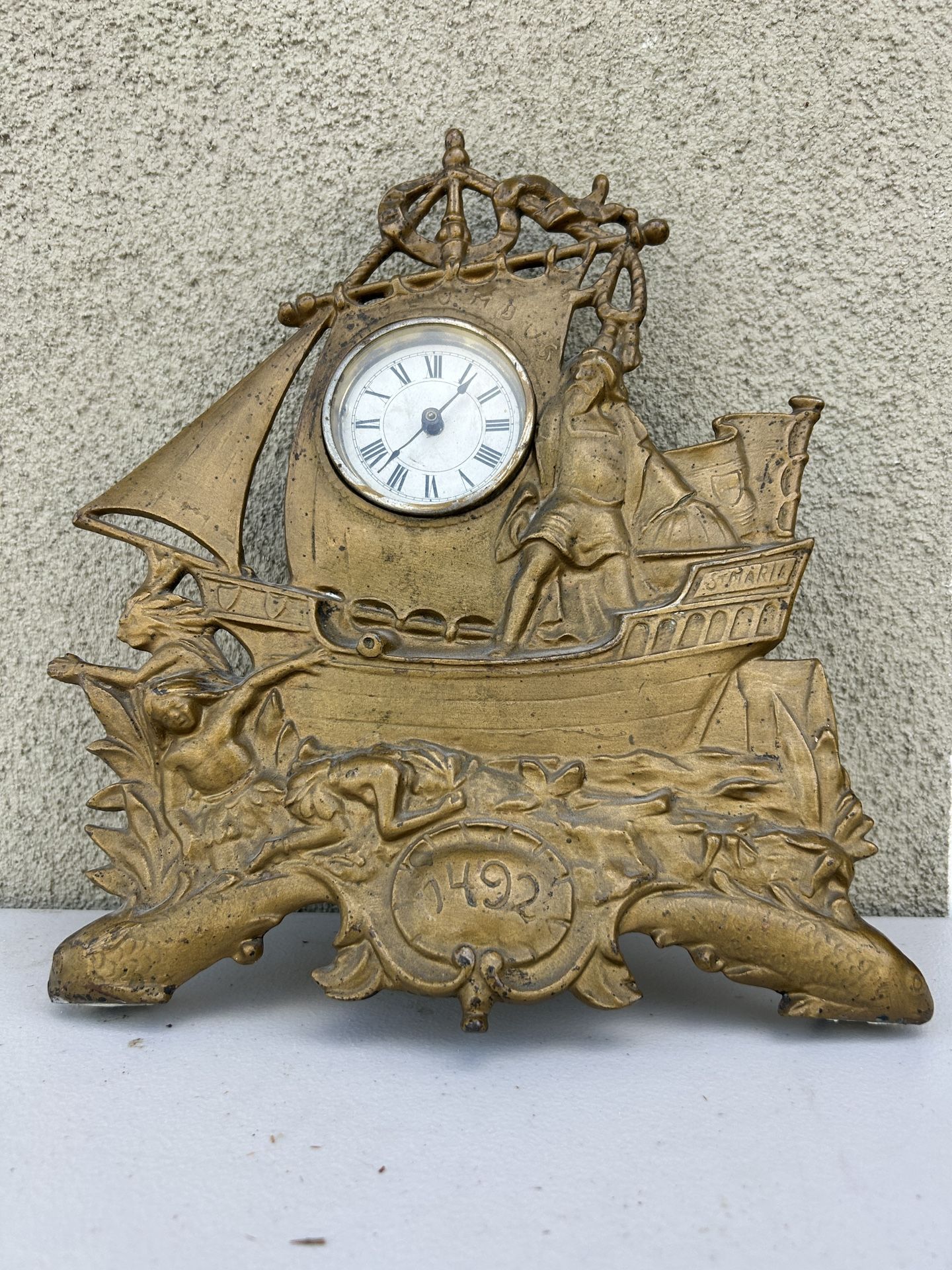Antique Christopher Columbus Santa Maria Ship Cast Iron Gold Gilt Clock Working