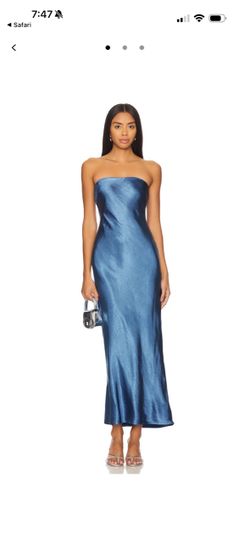 Blue Satin Strapless Midi Dress