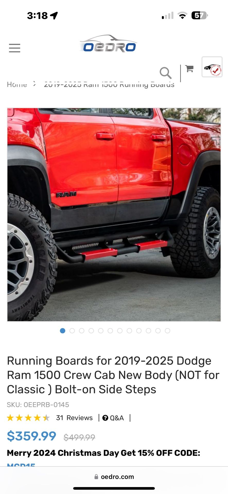 Running Boards for 2019-2025 Dodge Ram 1500 Crew Cab New Body (NOT for Classic ) Bolt-on Side Steps