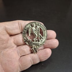 Vintage Pewter Brooch Pin A Scottish Clan Crest Badge With Eagle Says "Gang Warily" Meaning Go With Care
